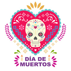 Vector plano con corazón del día de muertos, festividad mexicana con calavera y flores