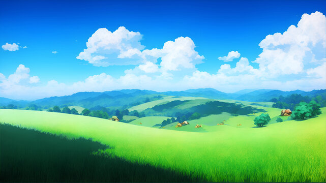 Anime style summer landscape, green grass, hills and blue sky with clouds, flat style cartoon painting illustration.