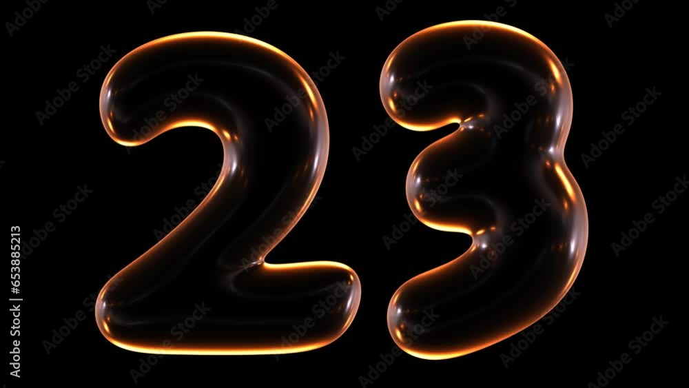 Poster seamless animation of glowing number 23 with light and reflections isolated on black background in 3