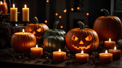 Obraz premium Spooky composition of halloween pumpkin and candles