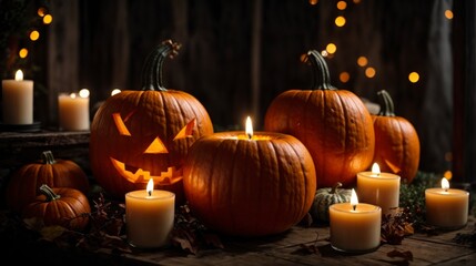 Spooky composition of halloween pumpkin and candles