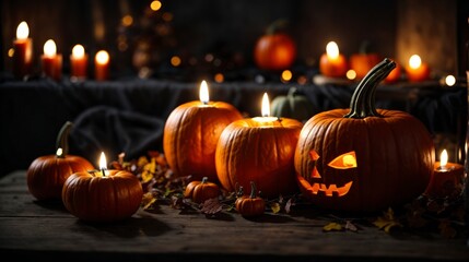 Spooky composition of halloween pumpkin and candles