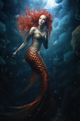 pretty red hair and red mermaid tail. crystal clear underwater ocean reefs and corals bubbles. female siren - obrazy, fototapety, plakaty