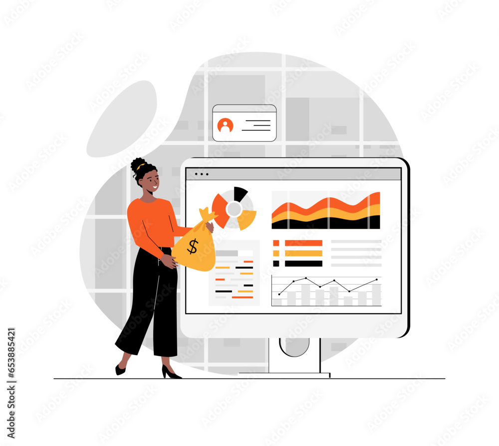 Poster digital business concept. woman working with graph statistics of company and planning investments. i