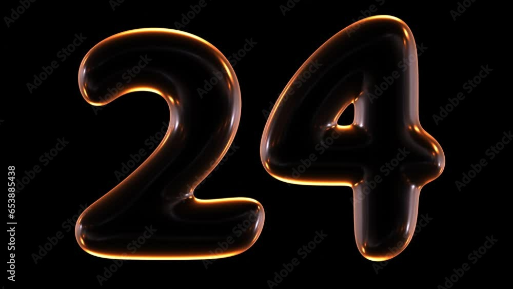 Poster seamless animation of glowing number 24 with light and reflections isolated on black background in 3