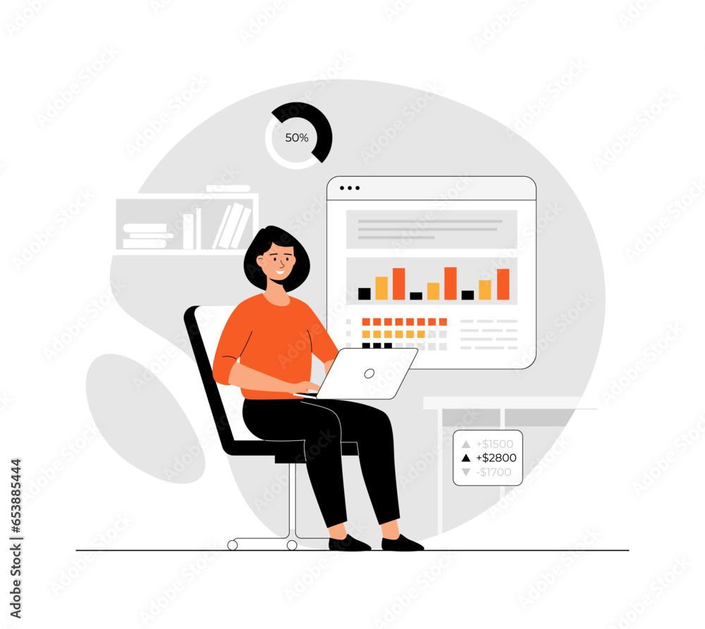 Poster digital business concept. e-commerce company development, financial data analysis and planning. illu