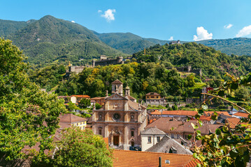 Fototapeta na wymiar Switzerland, Bellinzona. View of the city and mountains from Bellinzona Fortress