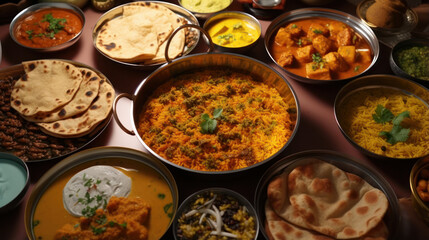 An Indian Ethnic Food Buffet Featuring Curry, Samosa, Rice Biryani, Dal, Paneer, Chapatti, Naan, and More, Set on a White Concrete Table – A Vibrant Background for a Delectable Dinner Spread.