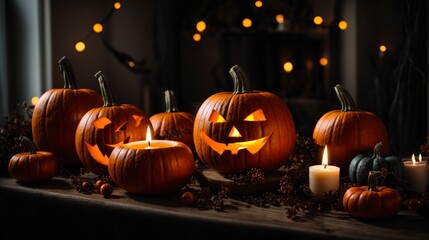 Spooky composition of halloween pumpkin and candles