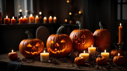Fototapeta premium Spooky composition of halloween pumpkin and candles