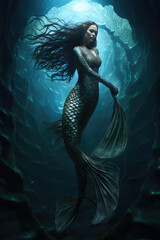 pretty mermaid with a long tail. crystal clear underwater ocean reefs and corals bubbles. female siren - obrazy, fototapety, plakaty