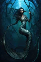 Foto op Plexiglas pretty brunette mermaid siren underwater. crystal clear underwater ocean reefs and corals bubbles.  © ana