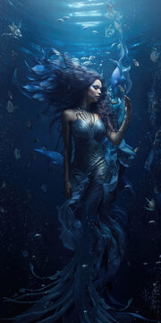 curly black haired mermaid. crystal clear underwater ocean reefs and corals bubbles. female siren