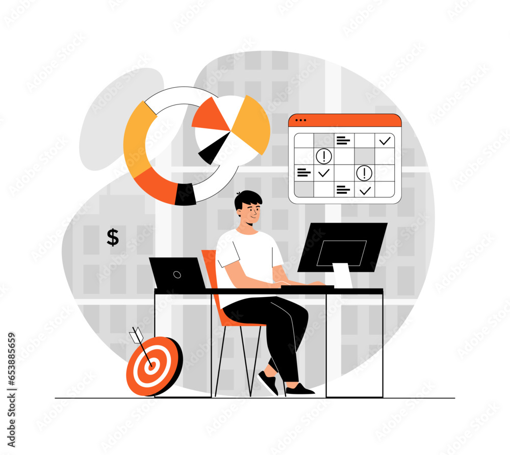 Poster digital business concept. man manages work process of e-business, settings tasks and deadlines. illu