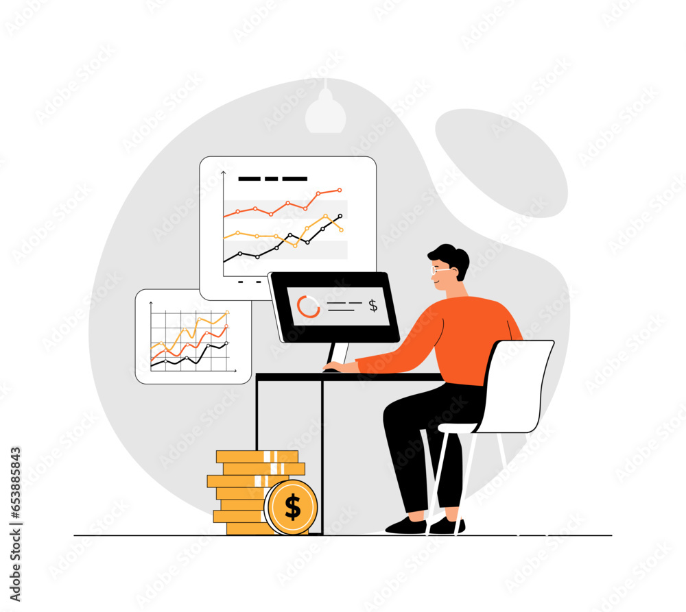 Poster digital business concept. man analysis virtual data. management, planning, strategy development onli