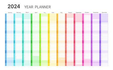 2024 year planner, wall calendar for daily and monthly agenda. Year planner template with twelve months vertical grid in rainbow colors, vector illustration