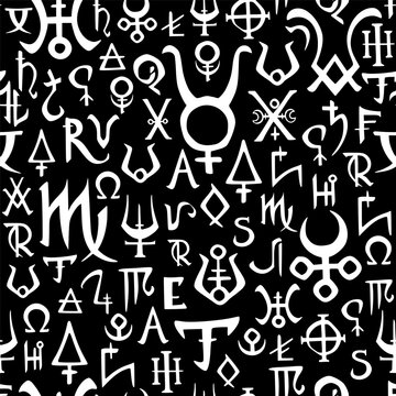Seamless pattern of mystical alchemical signs