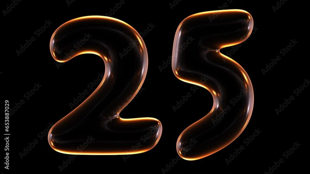 Poster seamless animation of glowing number 25 with light and reflections isolated on black background in 3