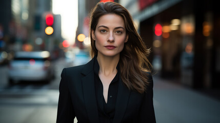 a confident businesswoman striding purposefully down a business district, dressed in tailored power suiting that embodies professionalism and success. 