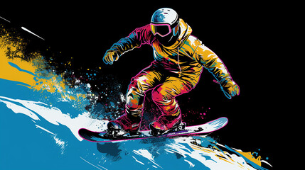 snowboard prancha  personagem de clipart colorido. Design de desenho animado para impressão de camiseta, ícone, logotipo, etiqueta, patch ou adesivo. ilustração vetorial - obrazy, fototapety, plakaty