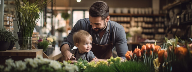 Portrait of a man with a child choosing a bouquet in a flower store - obrazy, fototapety, plakaty