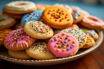 An assortment of cookies decorated with colorful frosting and sprinkles. Generative AI