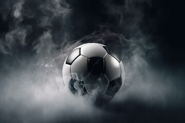 Soccer ball in net with black-white lighting, foggy smoke background. High resolution 3D illustration. Generative AI