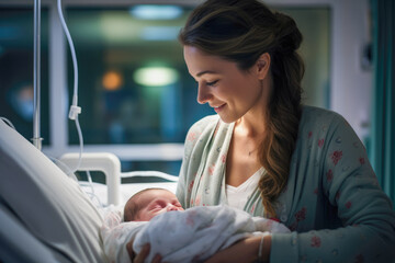 A touching moment as a new mother holds her precious newborn child in a hospital room - obrazy, fototapety, plakaty