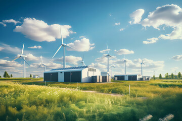 Windmills for electric power with wind turbines generating electricity. Renewable energy source - obrazy, fototapety, plakaty