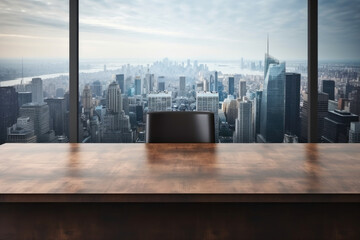 Empty office desk made of dark lacquered wood against a background of skyscrapers. - obrazy, fototapety, plakaty