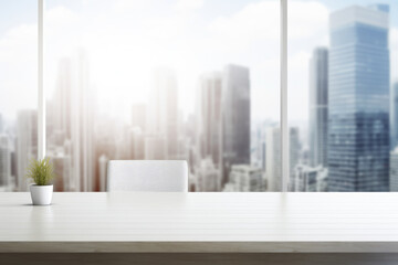 Empty white office table against the backdrop of skyscrapers.