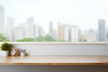 white empty office desk on blurred city background.
