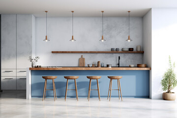 a modern kitchen with white walls, concrete floor, blue countertops and cupboards, marble bar with stools and white mock up wall on the left. ai generative - obrazy, fototapety, plakaty