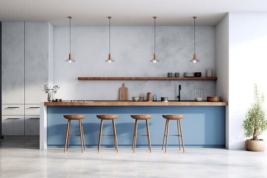 a modern kitchen with white walls, concrete floor, blue countertops and cupboards, marble bar with stools and white mock up wall on the left. ai generative