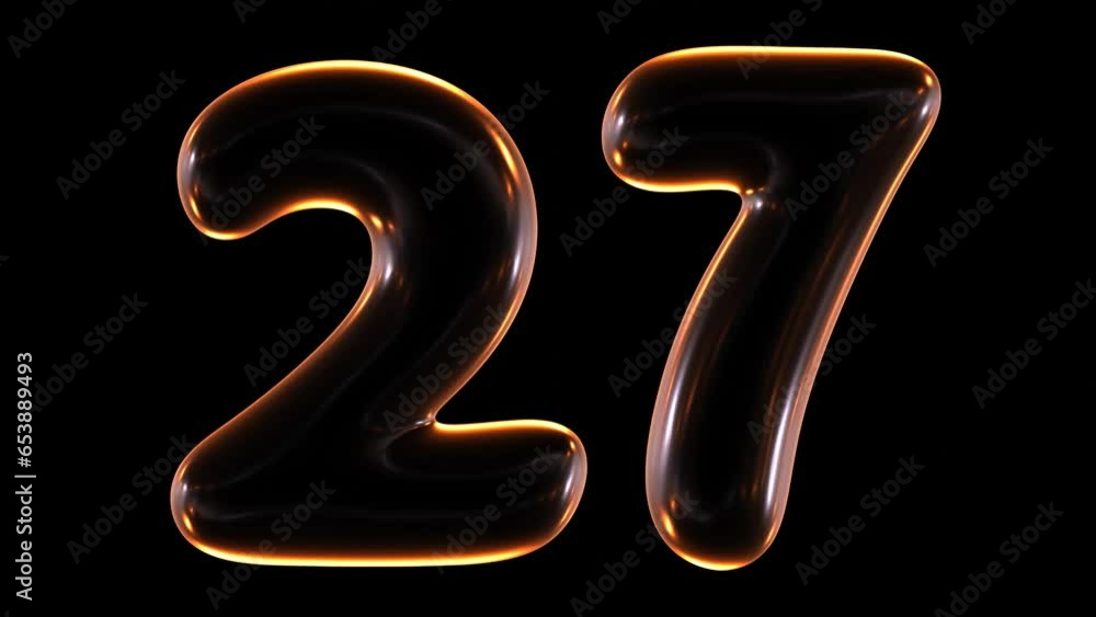Poster seamless animation of glowing number 27 with light and reflections isolated on black background in 3