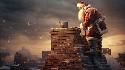 Santa Claus on New Year's Eve on the roof near the chimney. ai generative