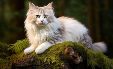 Naklejka na ściany i meble A white cat sitting gracefully on a moss-covered log in a forest