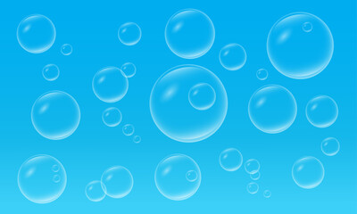 Bubbles background.Air bubble in water.Soap bubbles texture vector illustration.Crystal clear bubbles isolated on blue background.