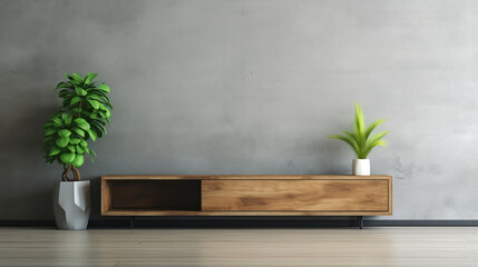 empty tv stand and green plants on the background of a concrete wall. ai generative