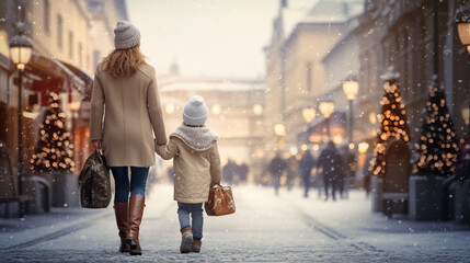 Christmas street, mother and daughter	
