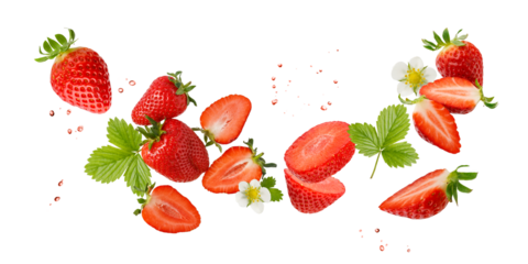 Fresh sweet strawberry berries with flower and leaves flying falling isolated on white background. Summer garden berry.