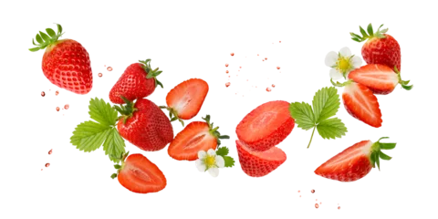 Fotobehang Fresh sweet strawberry berries with flower and leaves flying falling isolated on white background. Summer garden berry. © BarTa
