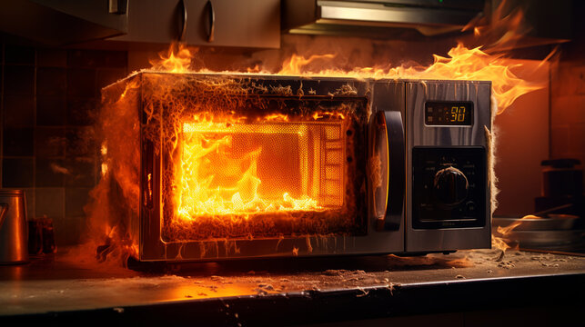 Burning microwave in the house due to a short circuit and damaged wiring. ai generative