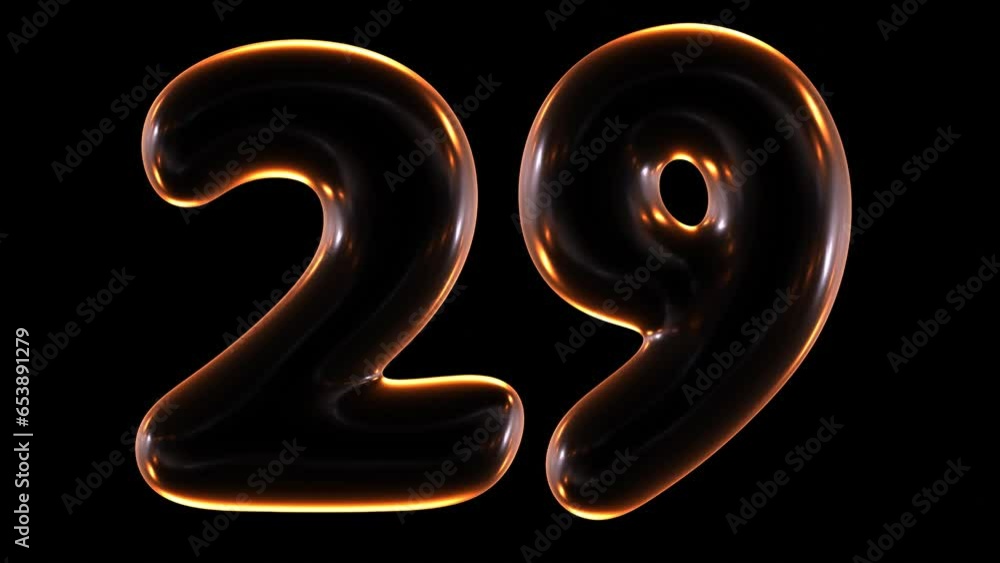 Poster seamless animation of glowing number 29 with light and reflections isolated on black background in 3