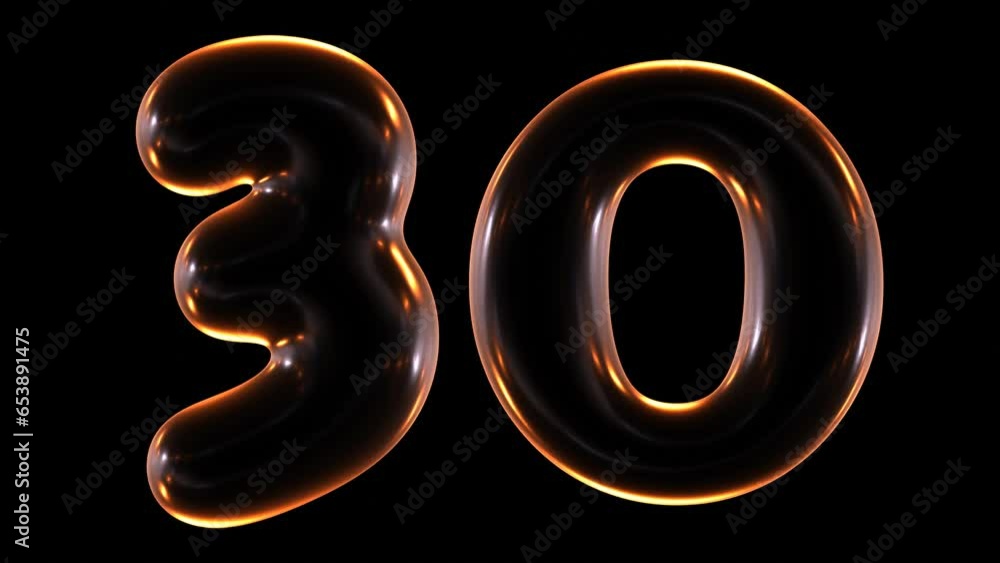 Poster seamless animation of glowing number 30 with light and reflections isolated on black background in 3