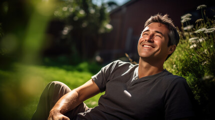 Portrait of a happy smiling man sitting on the green grass