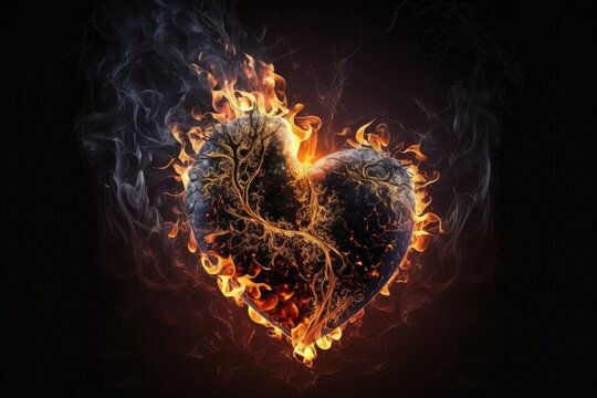 Heart shape in flames on dark background. Valentine's day concept