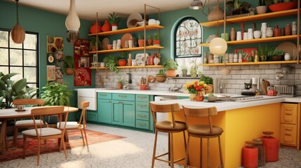 A mid-century boho kitchen with vibrant colors and eclectic decor