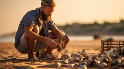 Man collects seashells on the beach - obrazy, fototapety, plakaty