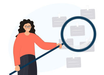 Person looking at the notes with magnifying glass, searching for information, planning and management, flat vector illustration